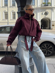 Burgundy Zipper Bomber Jacket