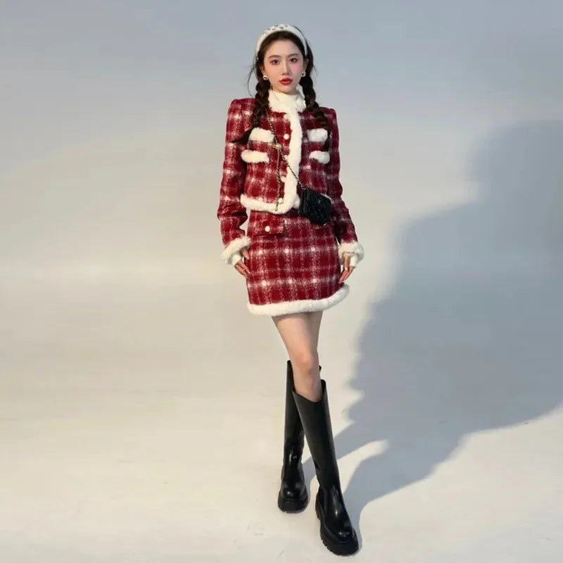 Red Checkered Coat & Skirt Suit