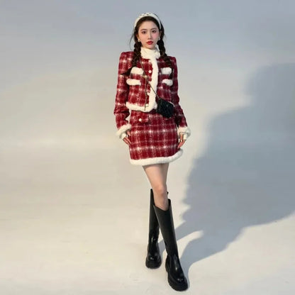 Red Checkered Coat & Skirt Suit