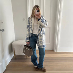 V-Neck Printed Knit Cardigan With Belt