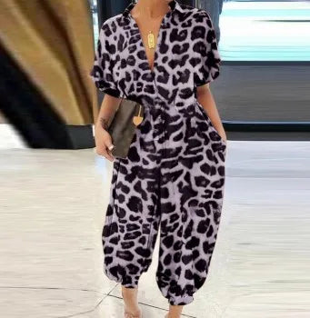 Leopard V-Neck Tie Waist Jumpsuit