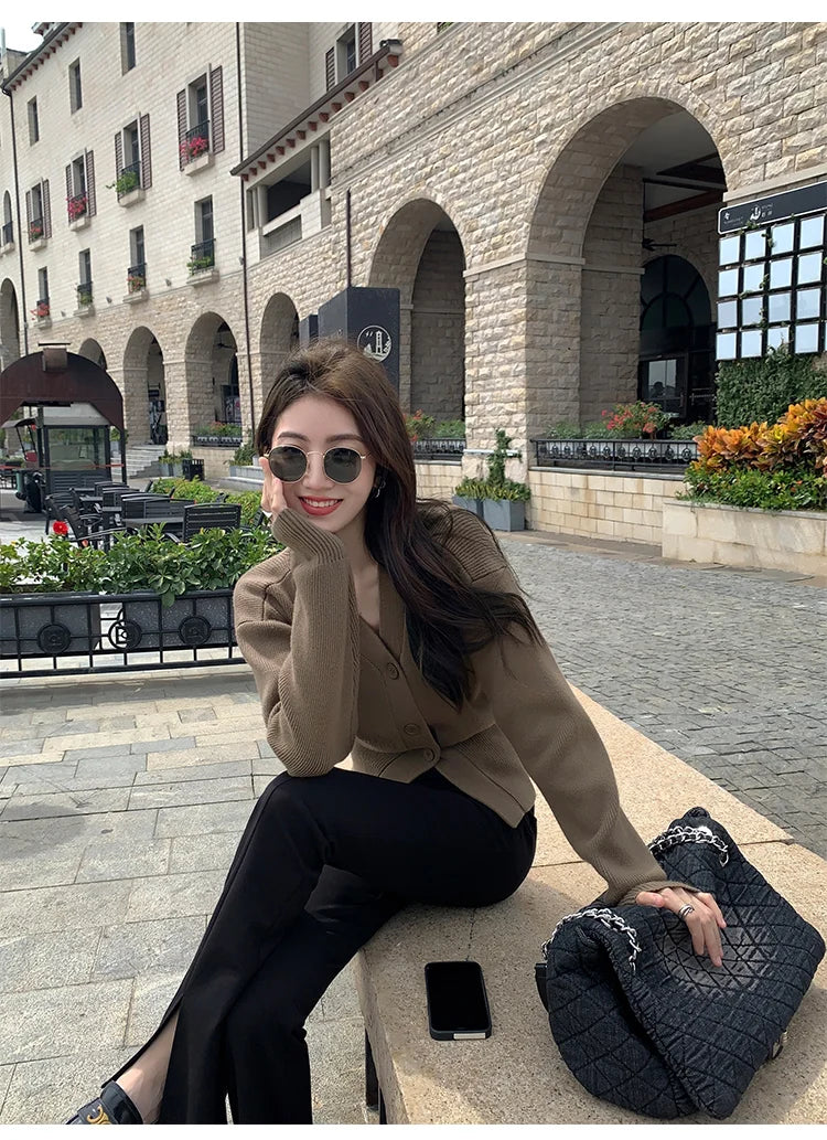 V-Neck Solid Knit Cardigan