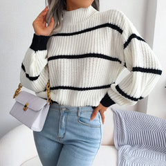 High Collar Striped Knit Sweater