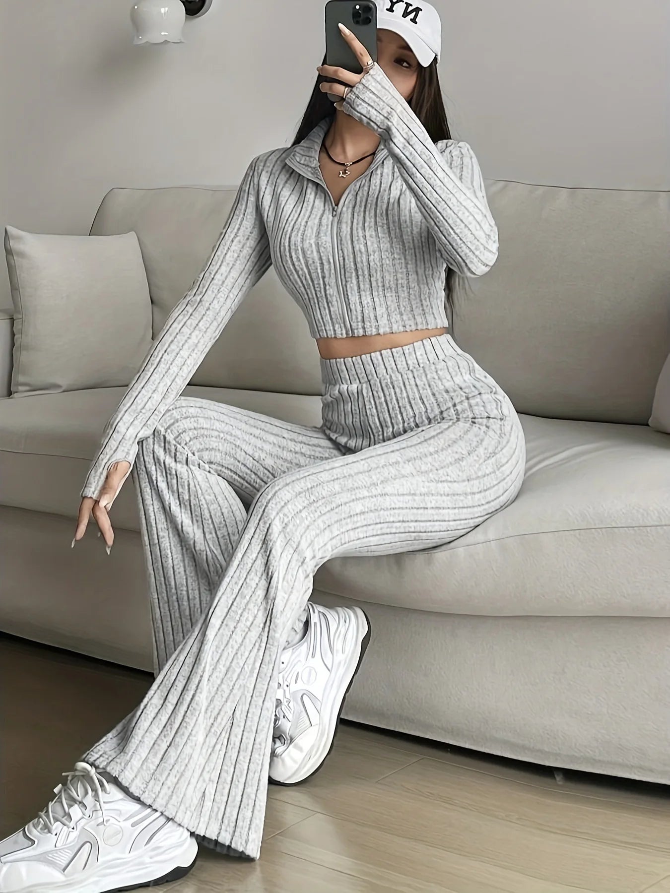 Zip Rib Knit Top and Pants Set