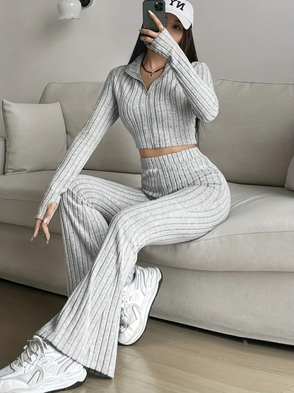 Zip Rib Knit Top and Pants Set
