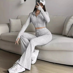 Zip Rib Knit Top and Pants Set