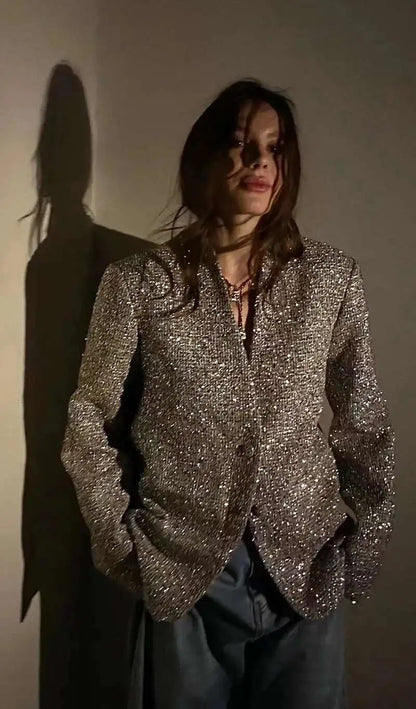 Silver Sequined Tweed Blazer