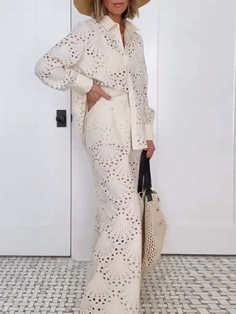 Hollow Lapel Shirt Pants Set