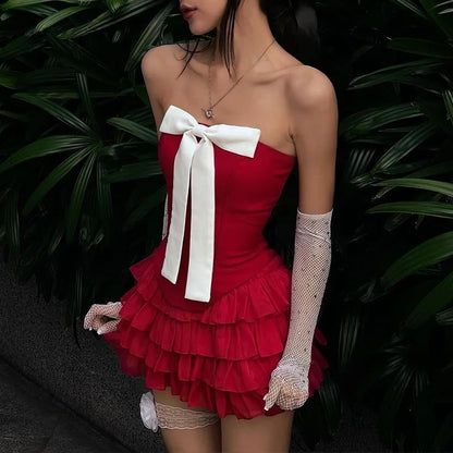 Bow Off Shoulder Ruffle Mini Dress