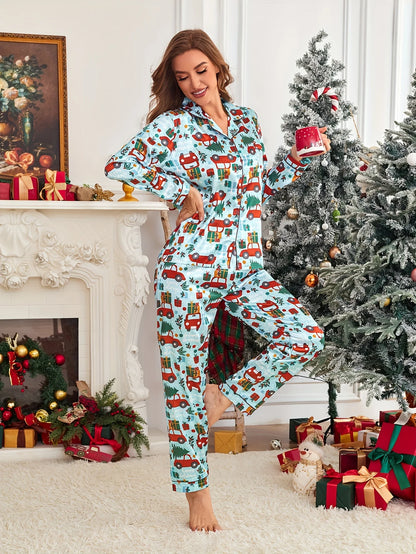 Christmas Tree & Gifts Print Satin Pajama Set