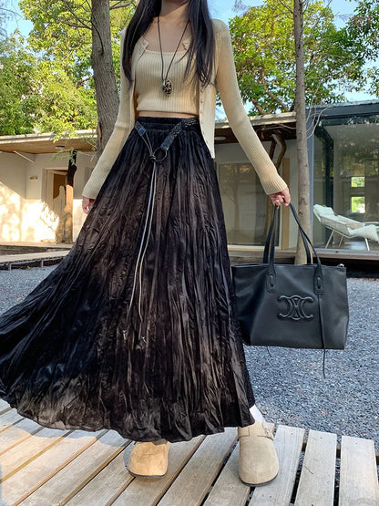 Elastic High Waist Pleated Maxi Skirt