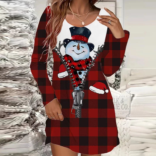 Snowman Print O-Neck Mini Dress