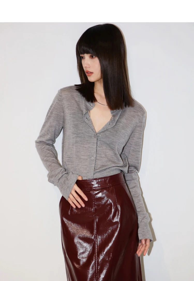 Shiny Reflective PU Leather Midi Skirt