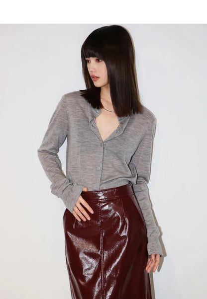 Shiny Reflective PU Leather Midi Skirt