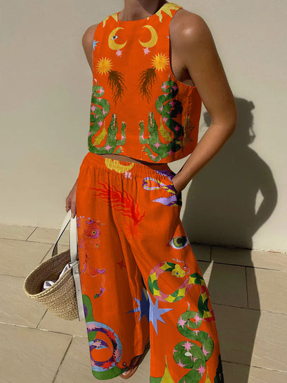 Print Tank Top Two-piece Pants Set