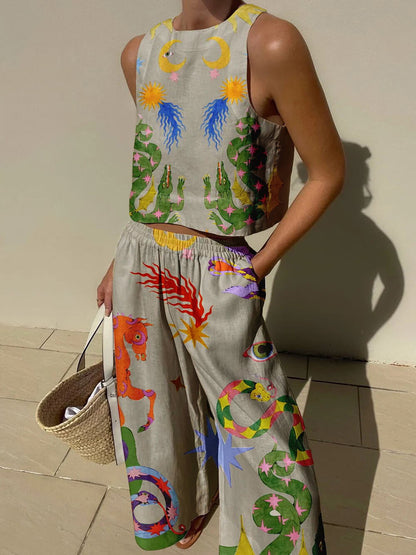 Print Tank Top Two-piece Pants Set