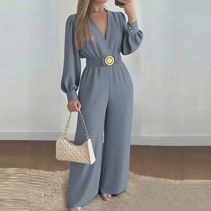 V Neck Belted Wide Leg Jumpsuit