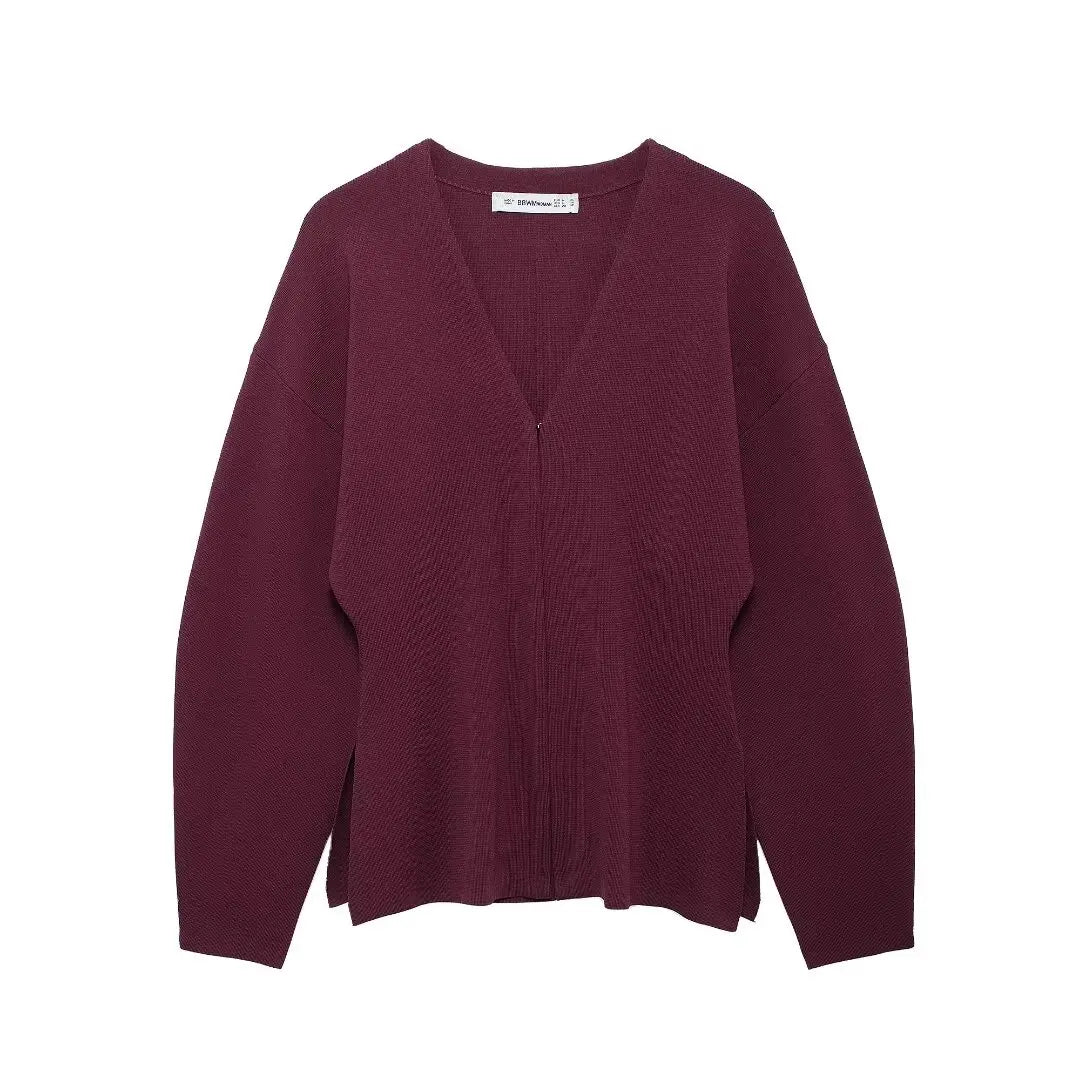 Burgundy V-Neck Slim Knit Cardigan