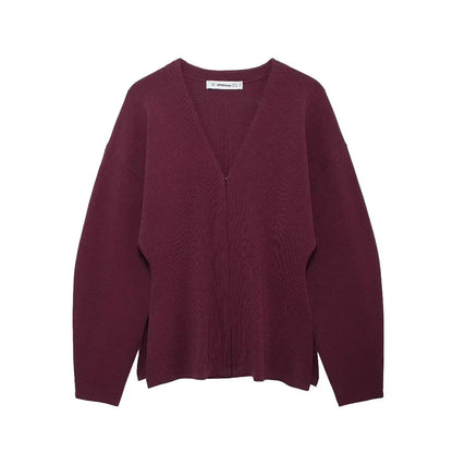 Burgundy V-Neck Slim Knit Cardigan