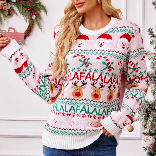 Pink Print Christmas Knit Sweater for Women