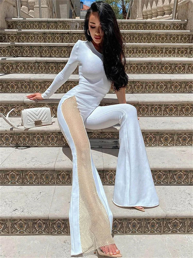 Mesh Patchwork One-Shoulder Jumpsuit