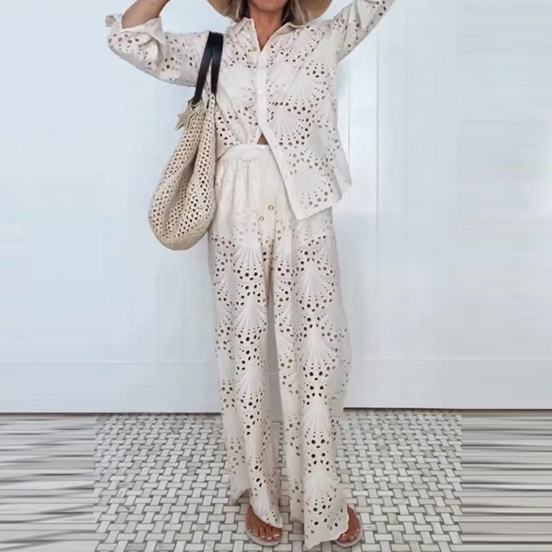 Hollow Lapel Shirt Pants Set