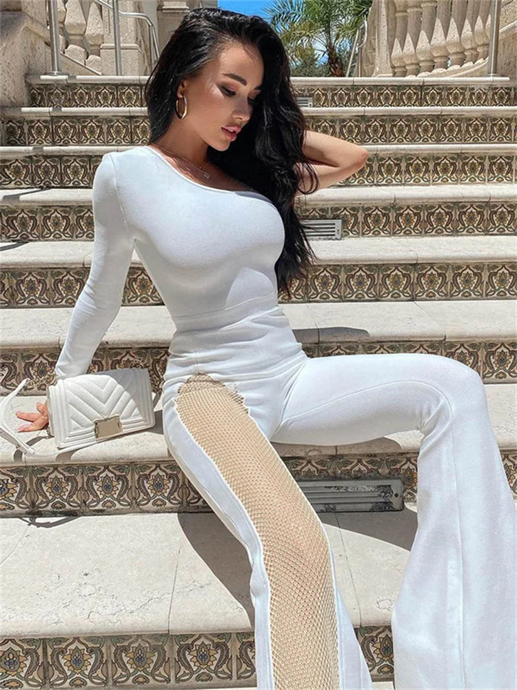 Mesh Patchwork One-Shoulder Jumpsuit