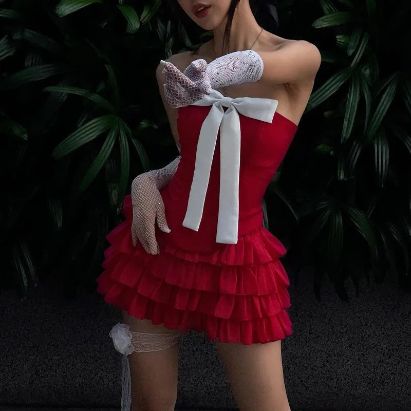 Bow Off Shoulder Ruffle Mini Dress