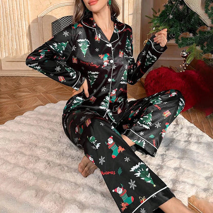Silky Christmas Tree Print Pajama Set