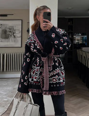 Printed V-Neck Tassel Knit Cardigan