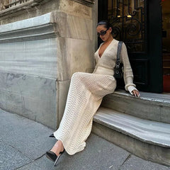 Knitted White Deep V Maxi Dress