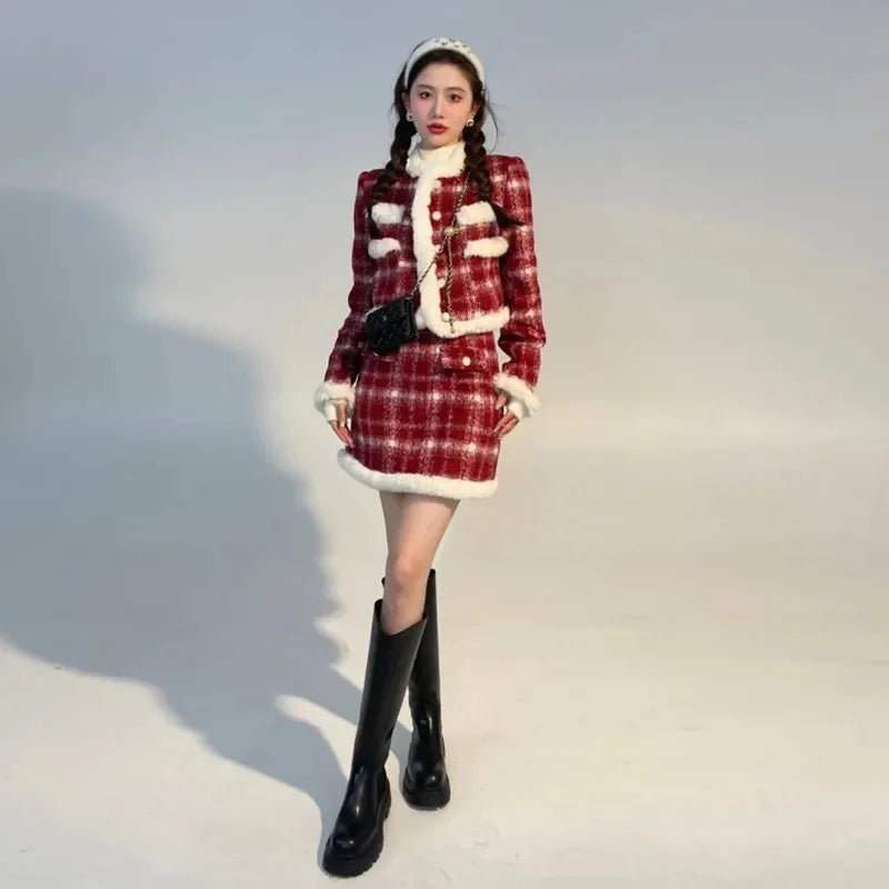 Red Checkered Coat & Skirt Suit