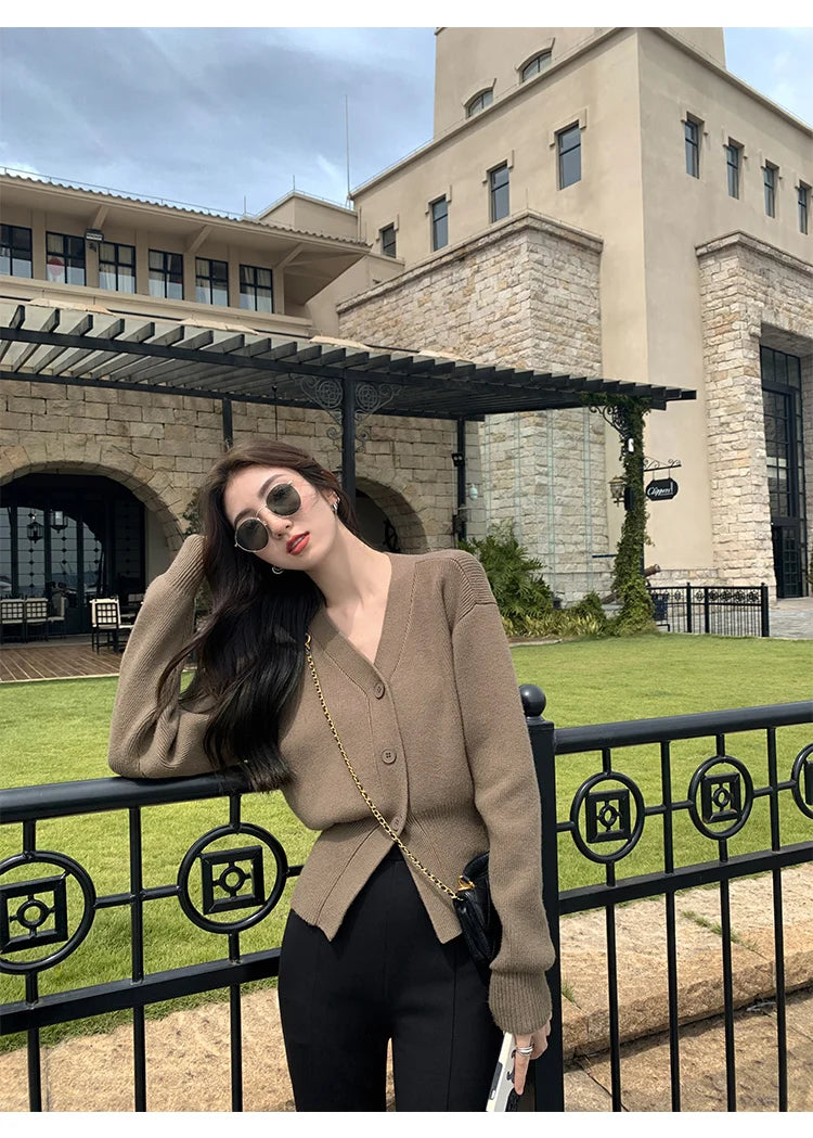 V-Neck Solid Knit Cardigan