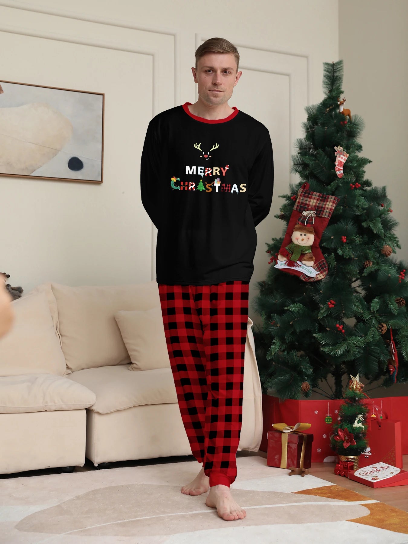 Black "Merry Christmas" Reindeer Print Pajama Set