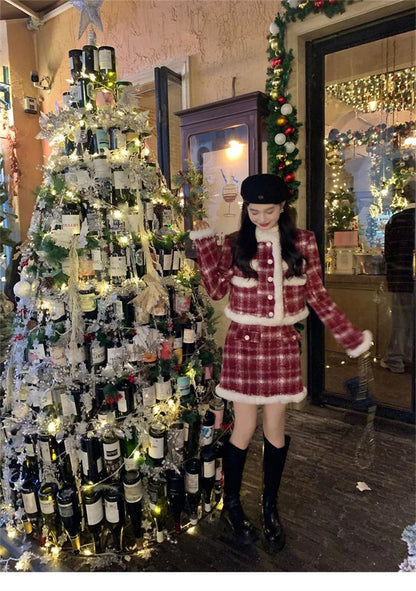 Red Checkered Coat & Skirt Suit