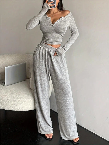 V Neck Top Wide Leg Pants Set