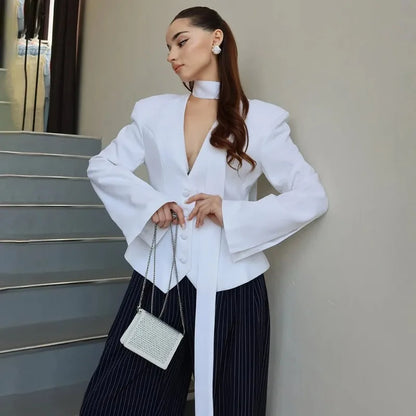 V-Neck Cinched Waist Blazer Jacket