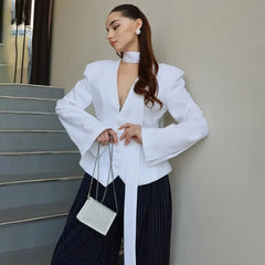 V-Neck Cinched Waist Blazer Jacket