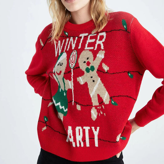 Gingerbread Man Letter Print Knitted Sweater