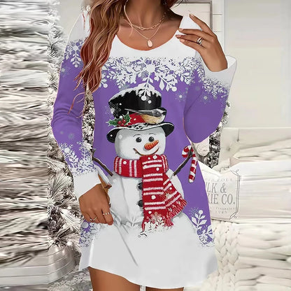 Snowman Print O-Neck Mini Dress
