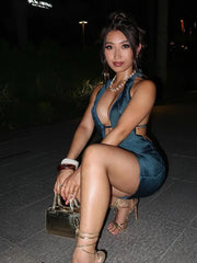 Halter V-Neck Lace-Up Mini Dress