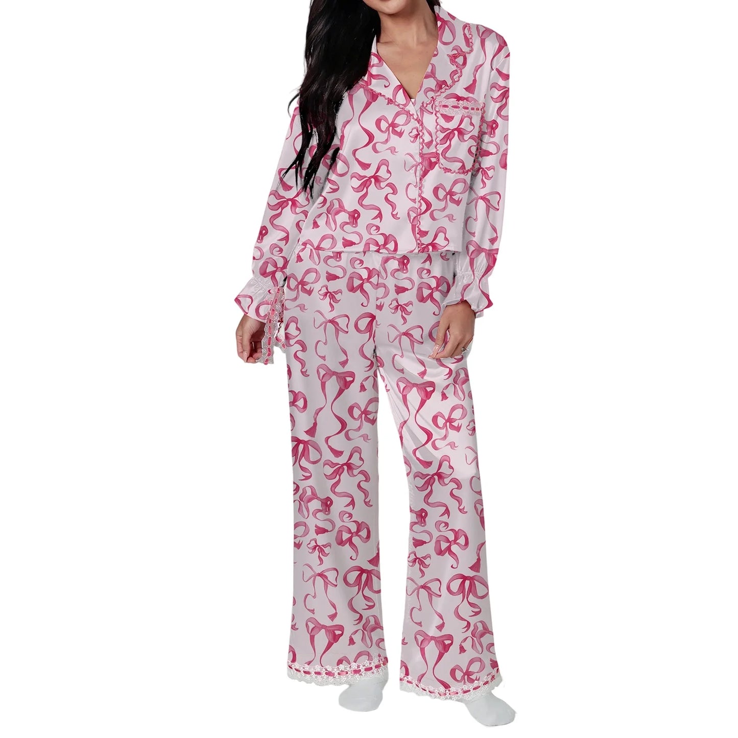 Santa Claus & Bow Print Satin Pajama Set