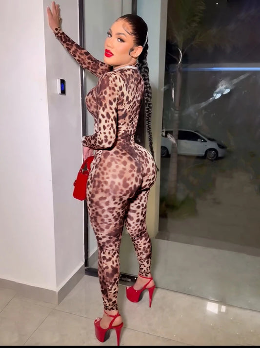 Leopard Zip Bodycon Jumpsuit
