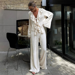 Ruffle V Neck Pants Set