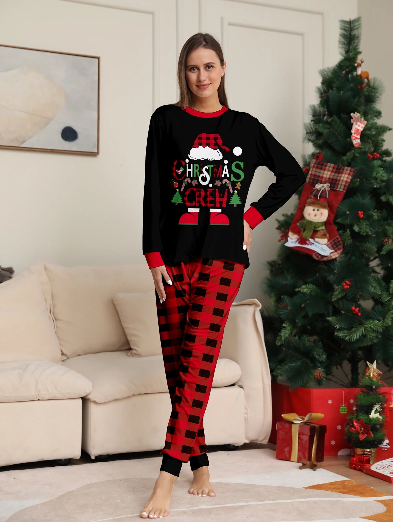 Black Top & Red-Black Plaid Pants Set