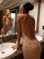 Backless Sequin Halter Maxi Dress