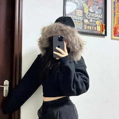 Fur Collar Hooded Crop Jacket