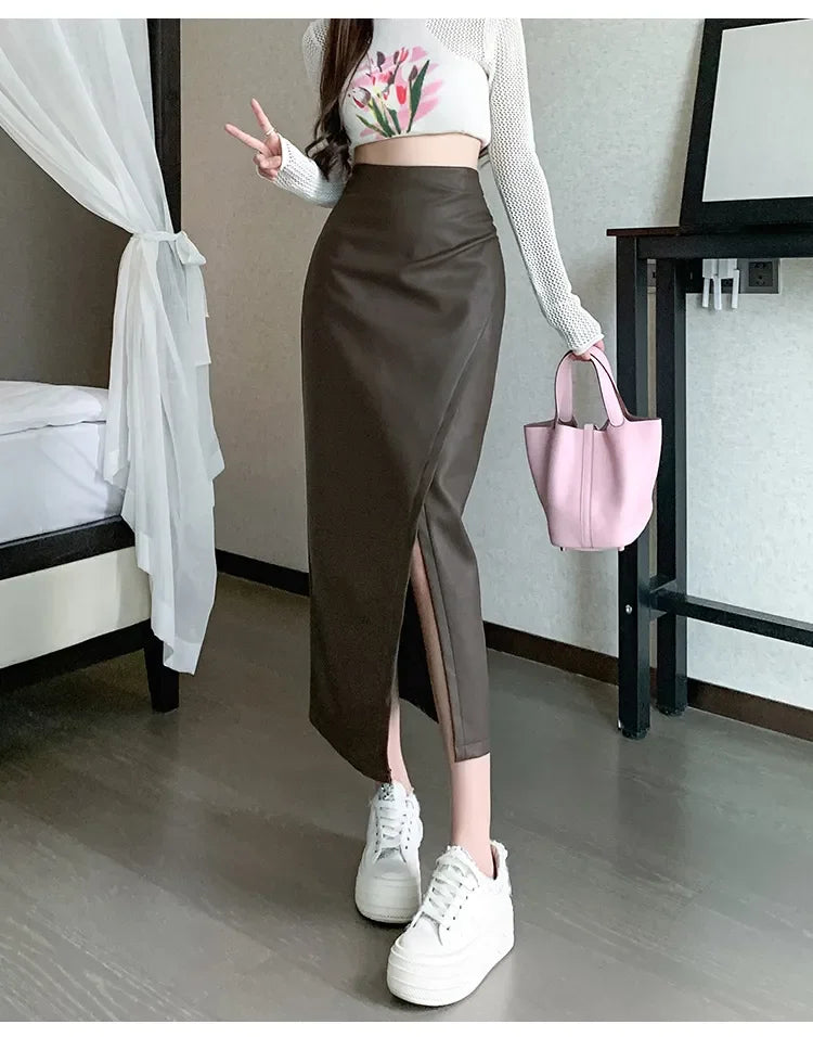High Waist Front Split PU Leather Skirt