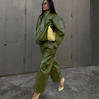 Green Faux Leather Jacket Pants Set