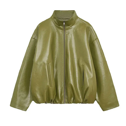Green Faux Leather Jacket Pants Set